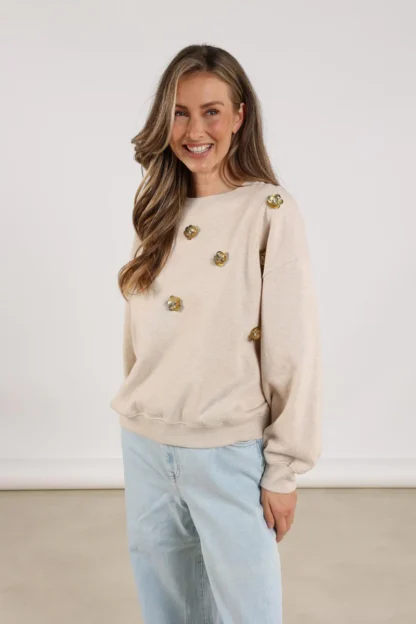 NKF03021 Beatriz Pullover Flower | Sand Melange - Afbeelding 3